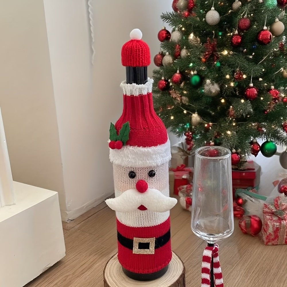 Wine Beer Hat - ワインボトルカバー（ニット素材、エルク柄、ミニサンタ帽付き）、ビールボトルカバー、サンタクロース、トナカイ、クリスマス、ニットボトルカバー、ギフト