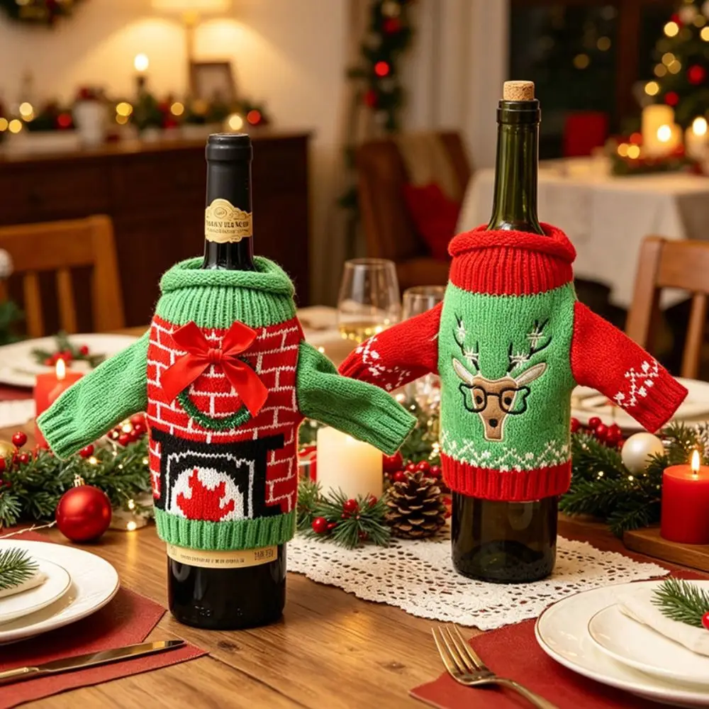 エルク柄のワインボトルカバー。ミニサンタ帽付きで、織り物で作 - Wine Beer Hat のレビューと価格